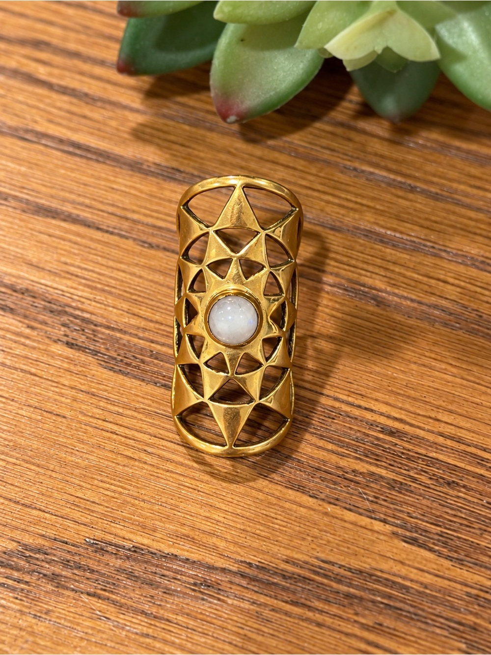 Gold-Tone Geometric Openwork Statement Ring with White Cabochon